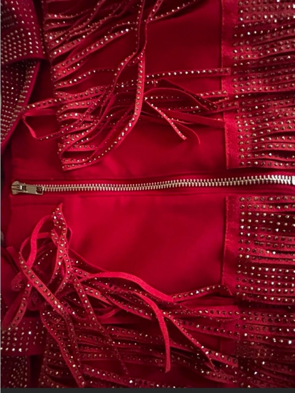 Beaded Fringe Red Mini Skirt with Decorative Belt - Picture 3 of 3